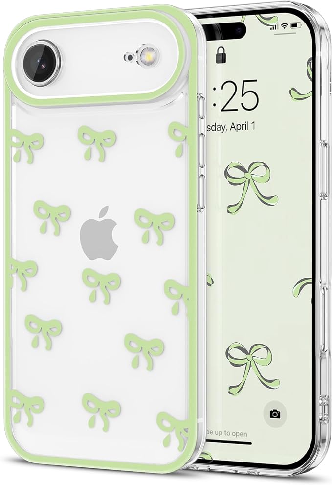 EYZUTAK Case for iPhone Air, Clear Cute Ribbon Bowknot Pattern Aesthetic Transparent Phone Case Raised Camera Protection Stylish Slim Soft Durable TPU Protective Cover for Women Girls - Green