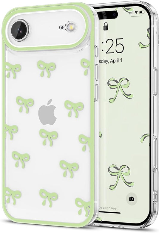 EYZUTAK Case for iPhone Air, Clear Cute Ribbon Bowknot Pattern Aesthetic Transparent Phone Case Raised Camera Protection Stylish Slim Soft Durable TPU Protective Cover for Women Girls - Green