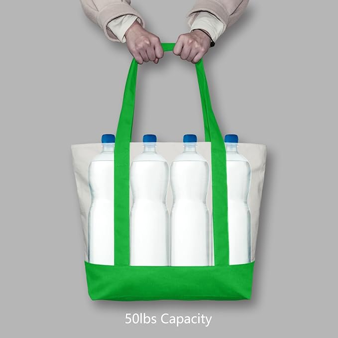 TOPDesign 3-Pack Canvas Tote Bags with an External Pocket, Reusable Grocery Shopping Bags, Top Zipper Closure, Daily Essentials (Lime Green/Natural)