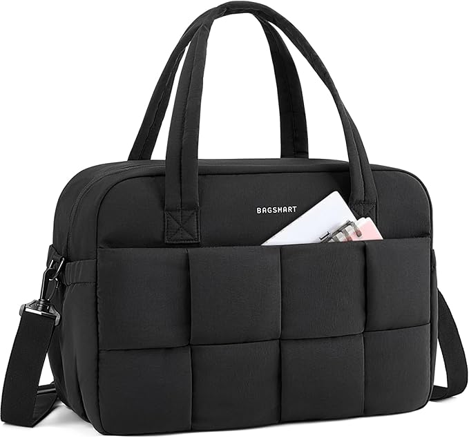 BAGSMART Gym Bag for Women, 24L Puffer Travel Duffle Bag for Travel with Laptop Compartment, Weekender Bags for Women, Carry On Duffel Bag Personal Item Bag, Black
