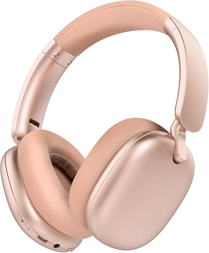 RORSOU C6 Active Noise Cancelling Headphones, Wireless Over Ear Bluetooth Headphones, 60H Playtime, Lightweight Folding Deep Bass Comfort Fit Ear Cups Headset with Mic for iPad/PC/Home Rose Gold
