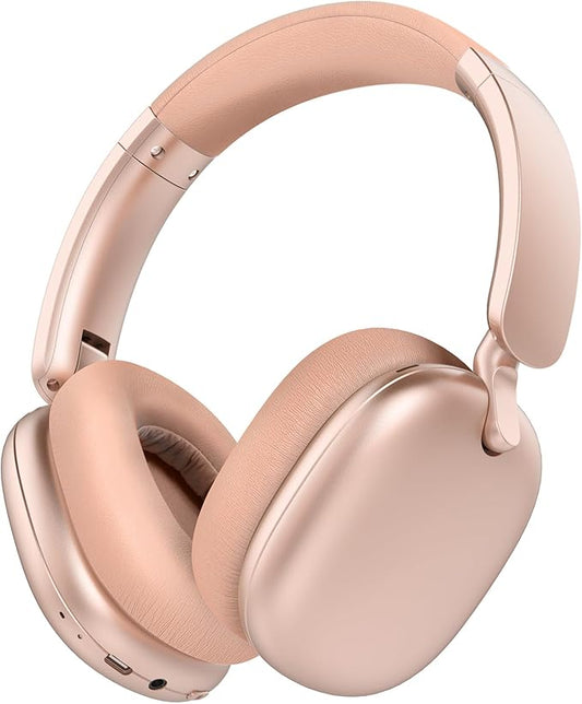 RORSOU C6 Active Noise Cancelling Headphones, Wireless Over Ear Bluetooth Headphones, 60H Playtime, Lightweight Folding Deep Bass Comfort Fit Ear Cups Headset with Mic for iPad/PC/Home Rose Gold