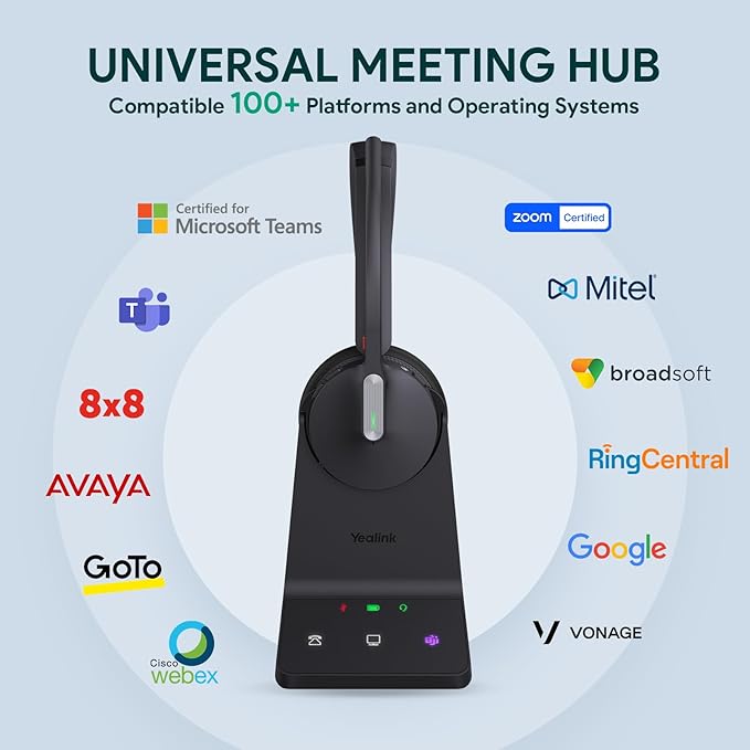 Yealink WH64 DECT & Bluetooth Mono UC Wireless Headset, 606ft Long Range Work Headphones, 3X Noise Cancelling Mic, 26H Calls,Ringtone, Office Single On Ear Headsets (Desk Phone,Laptop,PC,Cellphone)