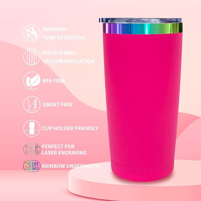 20 oz Stainless Steel Tumbler with Lid and Straw Double Wall Vacuum Insulated Coffee Mug Powder Coated Cup for Hot and Cold Drinks (Rosy,1 pack)