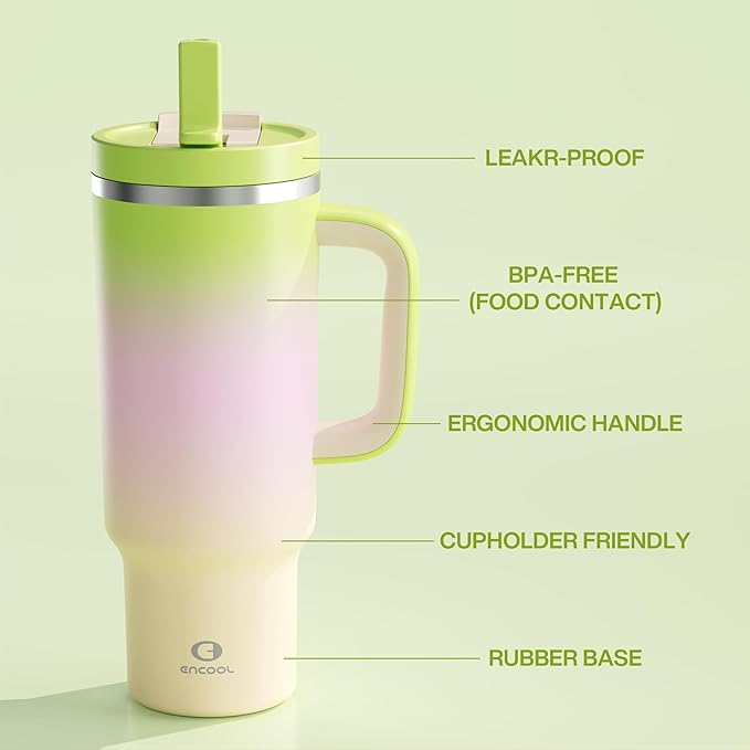 40 oz Tumbler with Handle and Straw: Stainless Steel Insulated Tumbler Keeps Cold for 24 Hours, Leakproof Travel Cup Fits in Cup Holder and BPA-Free, Morning Dew