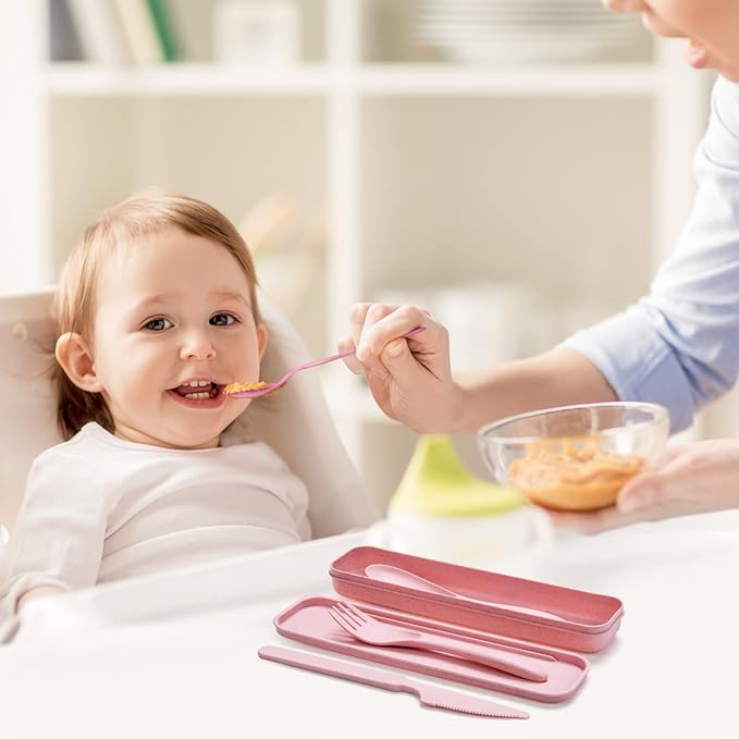 Reusable Travel Utensils Set with Case, 4 Sets Wheat Straw Portable Knife Fork Spoons Cutlery, Eco-Friendly BPA Free Plastic Tableware for Kids Adults Travel Picnic Camping Utensils