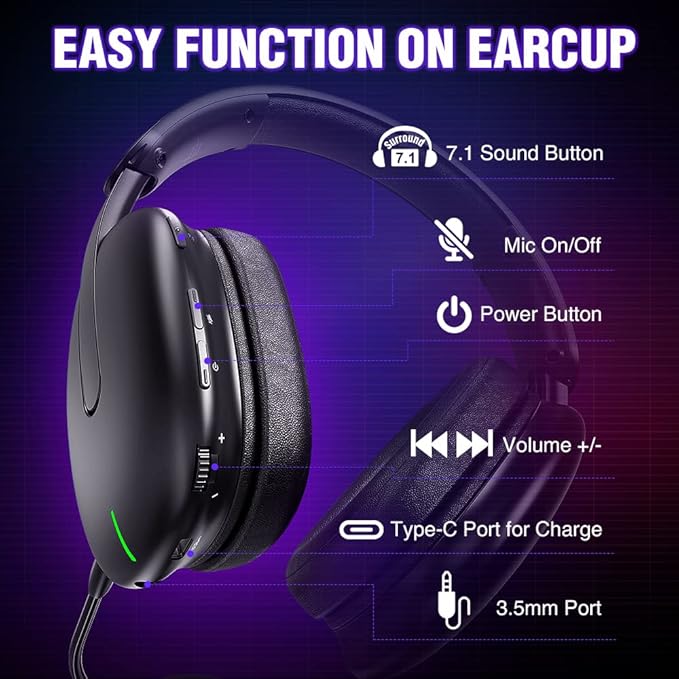 TA82 Wireless Gaming Headset with Detachable Noise Canceling Microphone for PS5 PS4 PC, 2.4GHz USB Gamer Headphones with 7.1 Surround Sound, Memory Foam Ear Pads