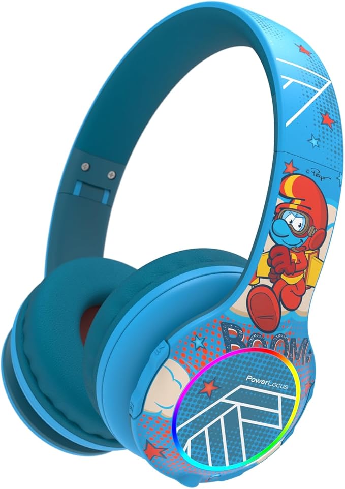 PowerLocus The Smurfs Kids Headphones, Bluetooth Headphones Over Ear for Kids with LED Lights, 74/85/94dB Volume Limited, Micro SD/TF, Foldable with Hi-Fi Stereo, Built-in Mic for School/Tablet/Travel