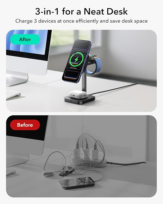 ESR for 3-in-1 Charging Station, Qi2.2 Certified 25W MagSafe Charger Stand with CryoBoost, Phone-Cooling Fast Charging Station, for iPhone 17/16/15/14/13/12, AirPods, Apple Watch, Black