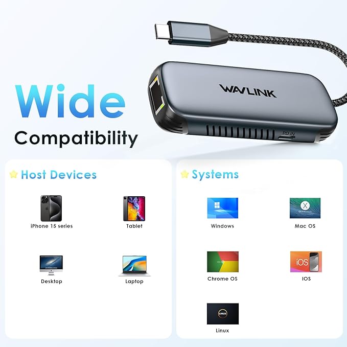 WAVLINK USB C to Ethernet Adapter 2.5Gbps with 95W PD, 2500Mbps USB-C to RJ45 Network Converter (USB4, Thunderbolt 3/4/5 Compatible), Aluminum Case for Windows, Mac OS, iPad OS and More.