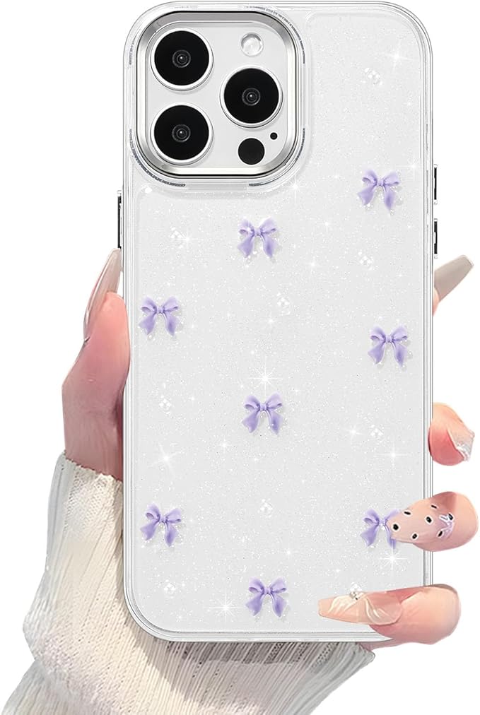 EYZUTAK Case for iPhone 14 Pro, Bling Glitter 3D Bowknot Phone Case Cute Sparkly Crystal Clear Bow Aesthetic Design Case Slim Soft Durable TPU Transparent Protective Cover for Women Girl - Purple Bow