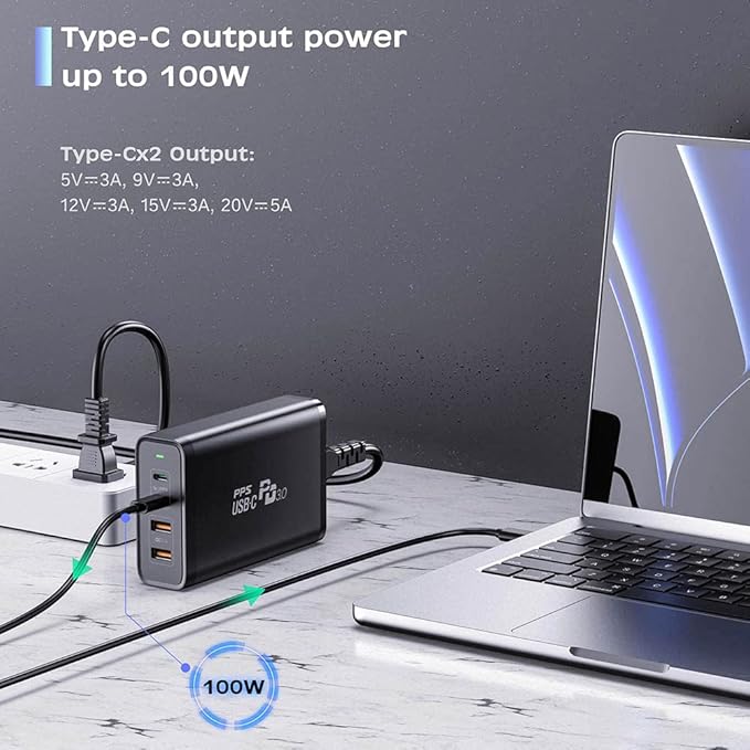 245W USB C Desktop Charger, GaN 4 Ports PD 100W Fast Charging Station Power Adapter Compatible with MacBook Pro/Air, iPad Pro/Mini, iPhone 14 13 Pro Max, Samsung Galaxy, Pixel and More