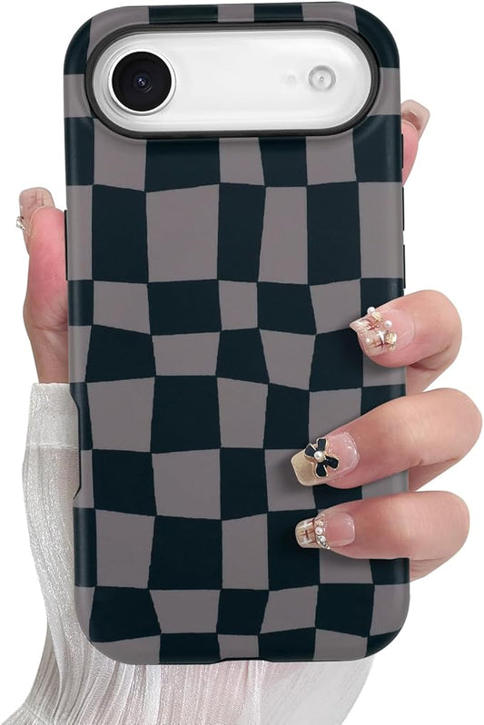 SOKAD Magnetic Checkered Phone Case for iPhone Air, Cute Grids Plaid Checkerboard Pattern Compatible with Magsafe Matte Protective Case Cover with Screen Protector for Girls Women, Black & Brown