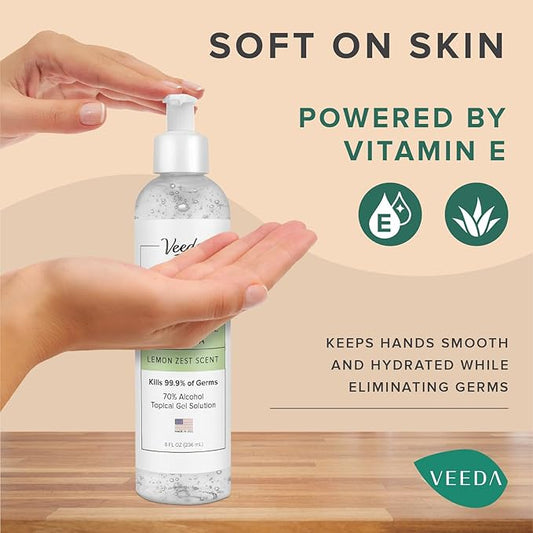Veeda Scented Hand Sanitizer with Lemon Zest Scent - Moisturizing Clear Gel with Vitamin E & Antimicrobial Formula- Contains 70% Ethyl Alcohol - Hand Sanitizer Travel Size, Made in USA - 8 fl. oz.