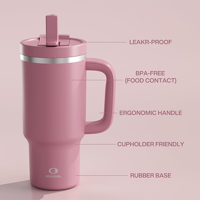 32 oz Tumbler with Handle and Straw: Stainless Steel Insulated Tumbler Keeps Cold for 24 Hours, Leakproof Travel Cup Fits in Cup Holder and BPA-Free, Turkish Rose