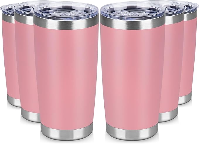 20 oz Tumbler Stainless Steel Tumblers Bulk with Lid Double Wall Insulated Coffee Tumbler Cups for Hot & Cold Drinks Powder Coated Travel Coffee Tumbler Mug Metal (Rose Pink, 6 pack)