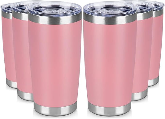 20 oz Tumbler Stainless Steel Tumblers Bulk with Lid Double Wall Insulated Coffee Tumbler Cups for Hot & Cold Drinks Powder Coated Travel Coffee Tumbler Mug Metal (Rose Pink, 6 pack)