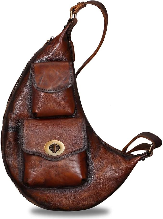 Genuine Leather Large Sling Bag for Men and Women Vintage Real Leather Sling Backpack Shoulder Crossbody Bag Chest Bag