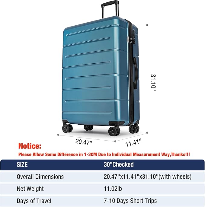 KYME Suitcases with Wheels Hardshell 30 Inch Luggage TSA Approved Large Checked Luggage Durable Travel Rolling Suitcase with Cup Holder for Women Men Light Blue