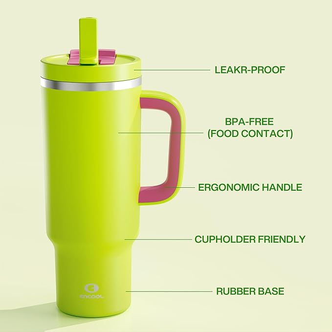 40 oz Tumbler with Handle and Straw: Stainless Steel Insulated Tumbler Keeps Cold for 24 Hours, Leakproof Travel Cup Fits in Cup Holder and BPA-Free, Acid Green