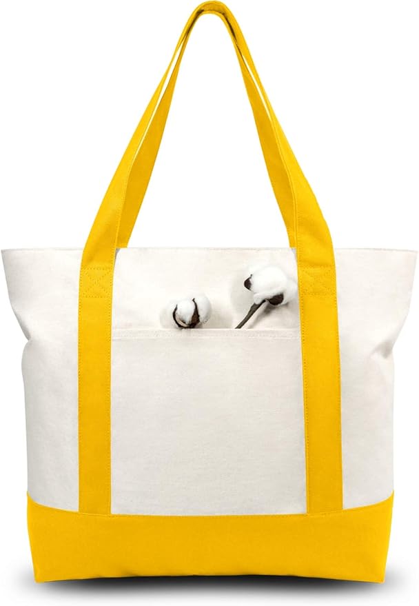 TOPDesign 6-Pack Canvas Tote Bags with an External Pocket, Reusable Grocery Shopping Bags, Top Zipper Closure, Daily Essentials (Yellow/Natural)