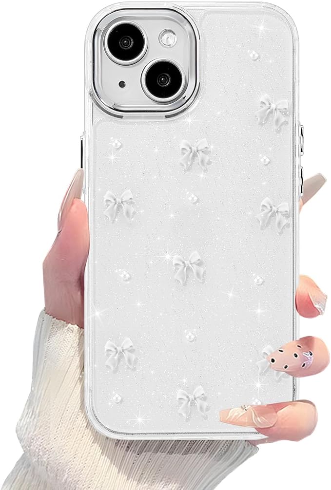 EYZUTAK Case for iPhone 15, Bling Glitter 3D Bowknot Phone Case Cute Sparkly Crystal Clear Bow Aesthetic Design Case Slim Soft Durable TPU Transparent Protective Cover for Women Girl - White Bow