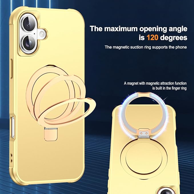 Compatible with iPhone 16 Case with Invisible Magnetic O-Ring Stand Military-Grade Case for iPhone 16 6.1" [Compatible with Mag-Safe][Great Grip Feeling], Gold