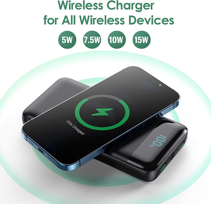 Wireless Portable Charger 30,800mAh 15W Wireless Charging 25W PD QC4.0 Fast Charging Smart LCD Display USB-C Power Bank, 4 Output External Battery Pack Compatible with iPhone 16/15/14/13, Samsung etc