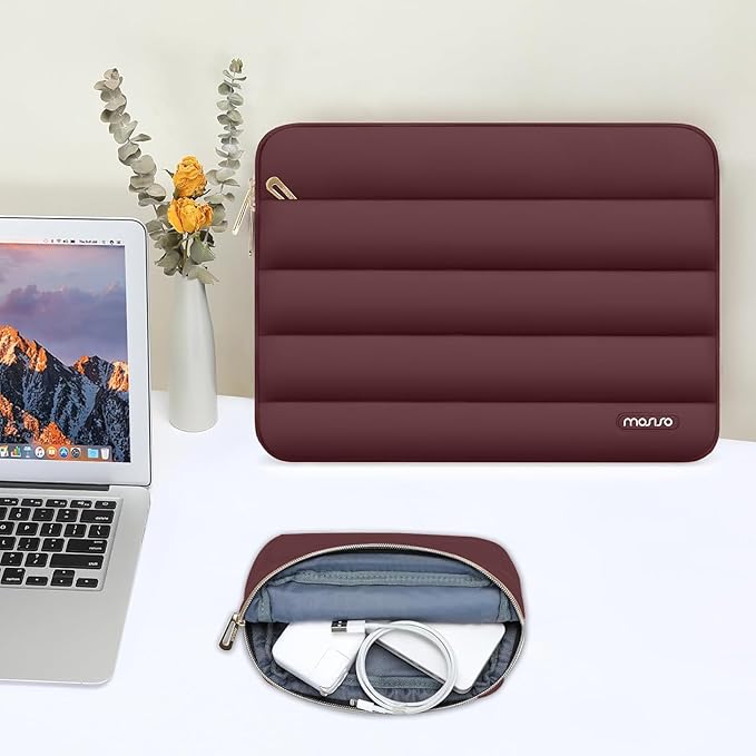 MOSISO 13.3 inch Laptop Case, 13-13.3 inch Puffy Laptop Sleeve Compatible with MacBook Air 13 13.6 M4 M3 M2 M1/Pro 13/Pro 14, HP Dell ASUS Lenovo,Polyester Horizontal Bag with Small Case, Wine Red