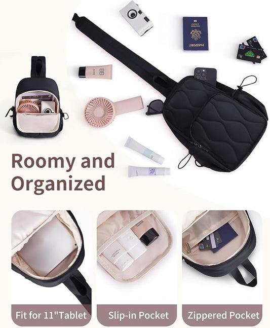 Wandering Nature Sling Bag for Women Lightweight Quilted Crossbody Bag Fits for 11" Tablet with Breathable Back Panel Anti Theft Pocket Padded Strap USB Charge Port, Ideal for Travel, Daily Use