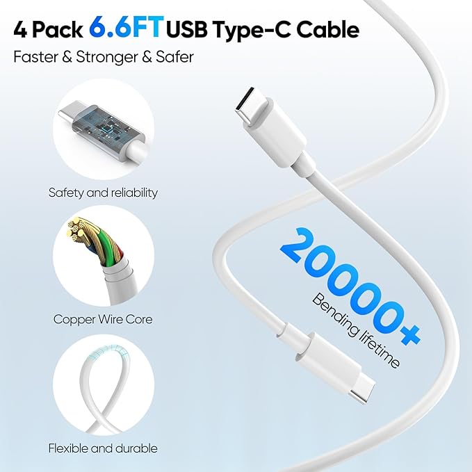 [2-Pack] USB C Wall Charger,80W 4-Port Type C Fast Charging Block,USBC Multiport Wall Plug PD&QC GaN Charging Cube with 6.6FT USB C Cable for iPhone 16/15/14/13/12/11/Pro Max/XS/XR, Samsung（White
