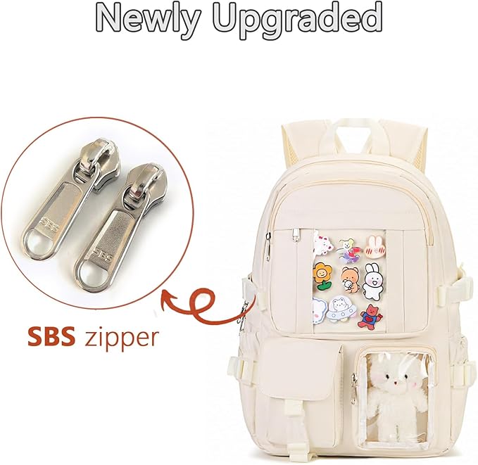 Kawaii Backpack for Teen Girls, Cute Aesthetic High Middle School College Bookbag with Accessories, Beige