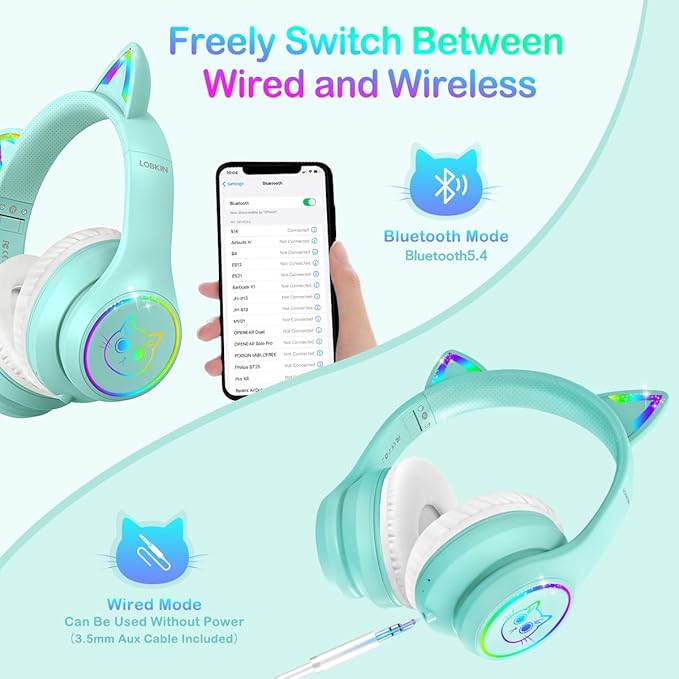 LOBKIN Bluetooth 5.4 Kids Headphones with Case - RGB LED Light Up Cat Ears Foldable Adjustable Over Ear Headphone Support Wireless or 3.5mm Wired Mode for Toddler & Girls & Boys Teens