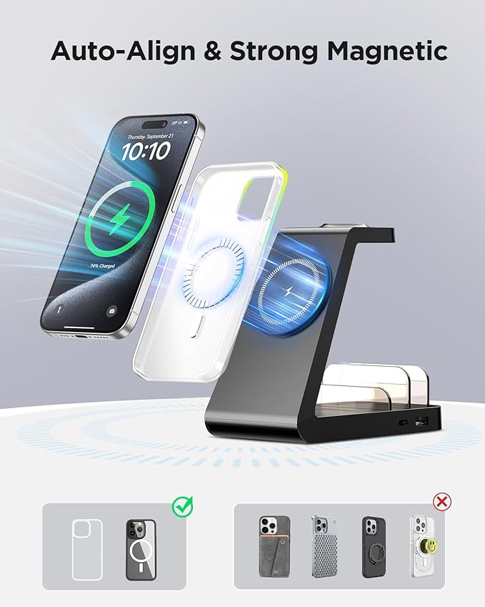 Charging Station for iPhone,5 in 1 Wireless Charger Stand Dock for Apple: Mag-Safe Charging Station for Multiple Devices Apple iPhone 16 15 14 13 12 Pro Max Plus iWatch Airpods