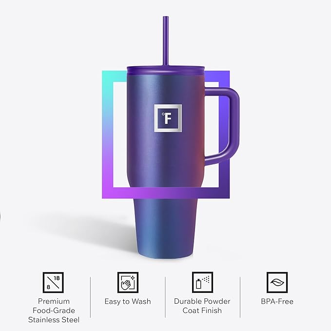 IRON °FLASK Co-Pilot Insulated Mug w/Straw & Flip Cap Lids - Cup Holder Bottle for Hot, Cold Drink - Leak-Proof - Water, Coffee Portable Travel Mug - Dark Rainbow, 32 Oz