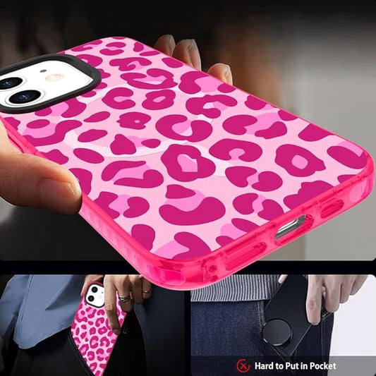 SAKUULO Magnetic for iPhone 12/12pro Case Hot Pink Leopard Print Pattern [Compatible with MagSafe] Wireless Charge Strengthen Protection Cover, Hot Pink Leopard (6.1")
