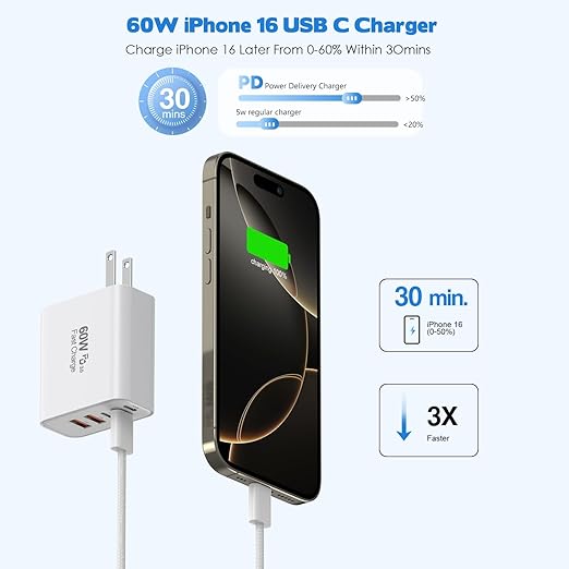 10Foot iPhone 17/16/15 Cord Fast Charging,2Pack Super Quick 35W i Phone USBC Charging Block 5-Port Phone Plug Long 10FT Type C Woven Cable for i Phone17/17 Air,iPhone 16e/16/15/15Pro,iPad Pro/Air/Mini