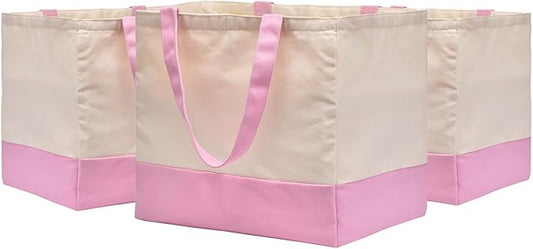 3 Pack Reusable Grocery Bags - Heavy Duty, 8.3 gal Foldable Large Canvas Tote Bag with Handles, Holds 60 lbs, Eco-friendly Bags with 5 Pockets, Pink+Off White