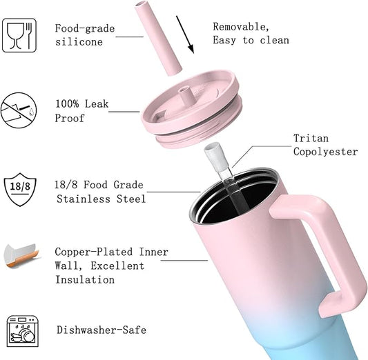 TILUCK 30 oz Tumbler with Handle, Vacuum Insulated Stainless Steel Travel Mug with 100% Leak-Proof Silicone Straw Lid, Cupholder Friendly Water Bottle(PinkBlueGradient, 30oz)