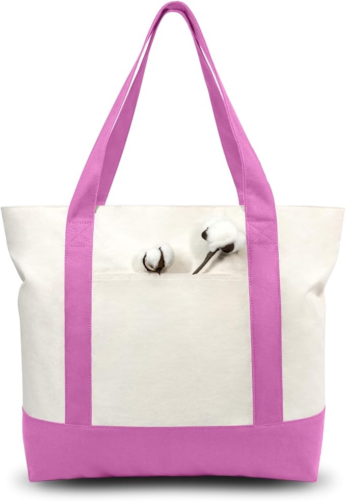 TOPDesign 6-Pack Canvas Tote Bags with an External Pocket, Reusable Grocery Shopping Bags, Top Zipper Closure, Daily Essentials (Light Purple/Natural)