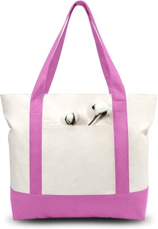 TOPDesign 6-Pack Canvas Tote Bags with an External Pocket, Reusable Grocery Shopping Bags, Top Zipper Closure, Daily Essentials (Light Purple/Natural)