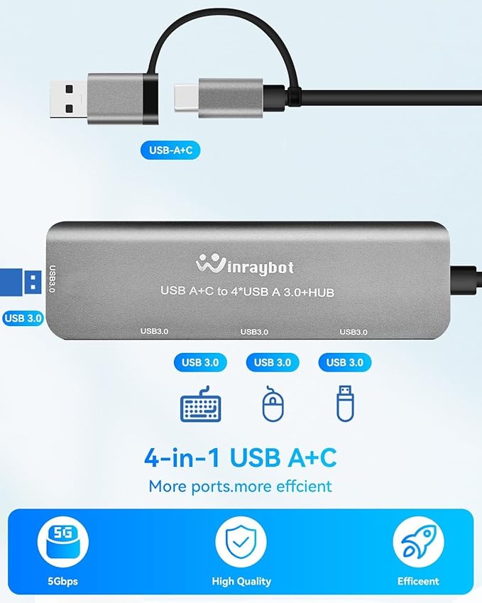USB HUB for Laptop,USB Splitter USB c hub USB USB 3.0 hub,USB c hub (USB A/C HUB with 4 * 3.0 and no HDMI)