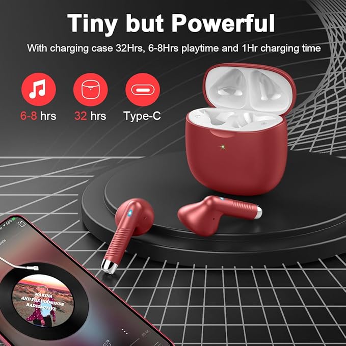 Wireless Earbuds, Bluetooth 5.4 Headphones in Ear with Noise Cancelling Mic, Bluetooth Earbuds Stereo Bass, IP7 Waterproof Sports Earphones, 32H Playtime USB C Charging Ear Buds Red for Android iOS