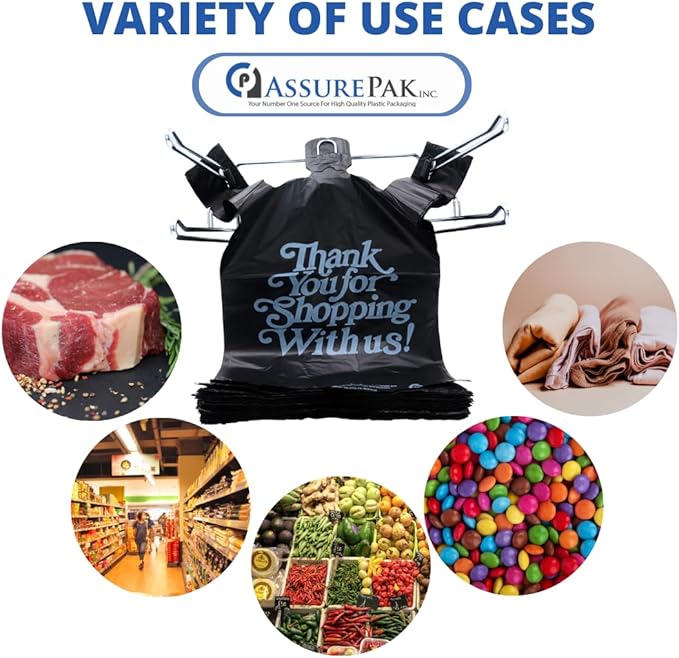 Black 'Thank You' HDPE T-Shirt Bags with Handles - 400 Bags – 1/5 BBL Size 13"x10"x23" – 21 Microns – Thank You Shopping Bags for Retail, Takeout, Restaurant Supplies