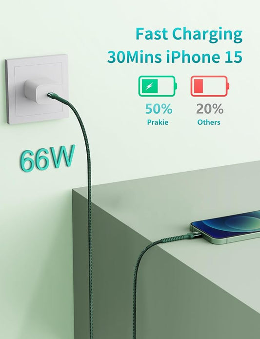 USB C Cable Fast Charging 10FT, 2Pack USBC to USBC Cable, iPhone 16 15 Charger Long Type C Nylon Braided USB-C Charger Cord for iPhone 17/16/15/Pro Max/Plus/Samsung Galaxy S23/LG/Switch-Green