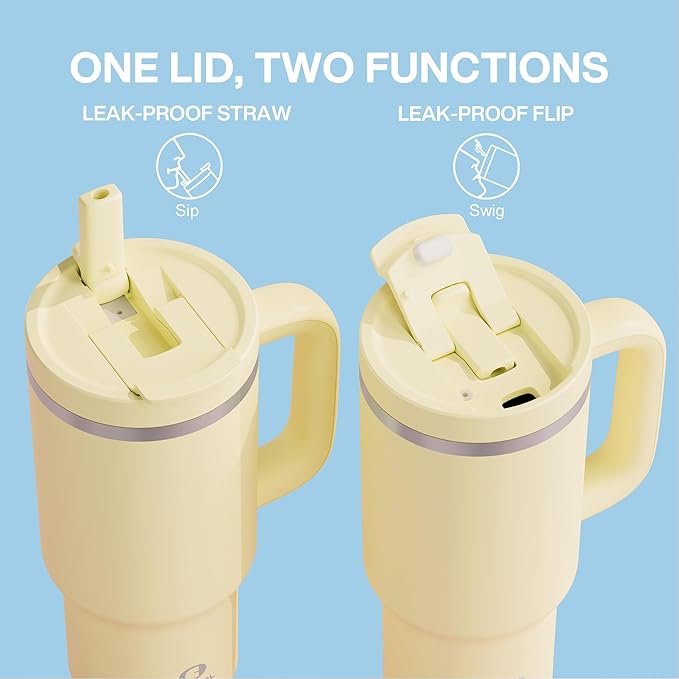 32 oz Tumbler with Handle and Straw: Stainless Steel Insulated Tumbler Keeps Cold for 24 Hours, Leakproof Travel Cup Fits in Cup Holder and BPA-Free,Light Vanilla