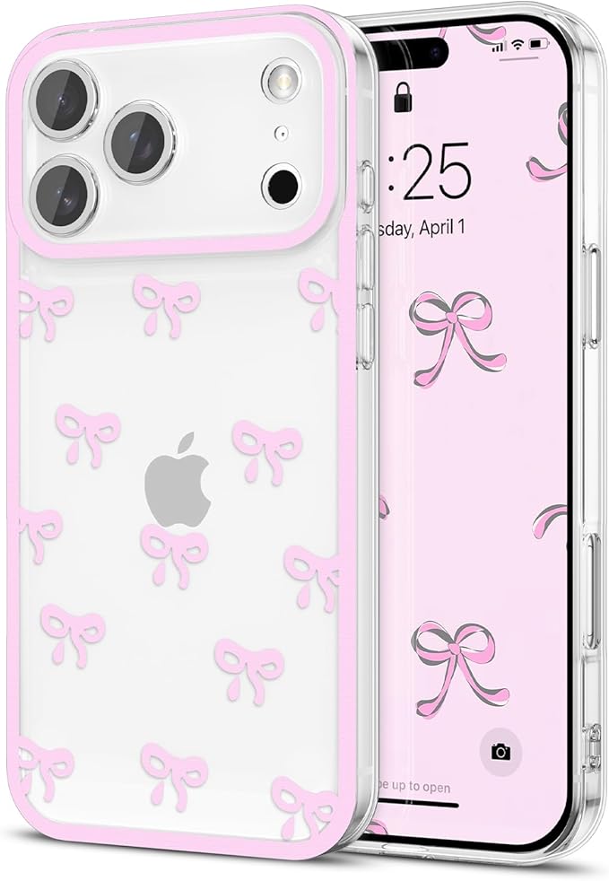 EYZUTAK Case for iPhone 17 Pro Max, Clear Cute Ribbon Bowknot Pattern Aesthetic Transparent Phone Case Raised Camera Protection Stylish Slim Soft Durable TPU Protective Cover for Women Girls - Pink