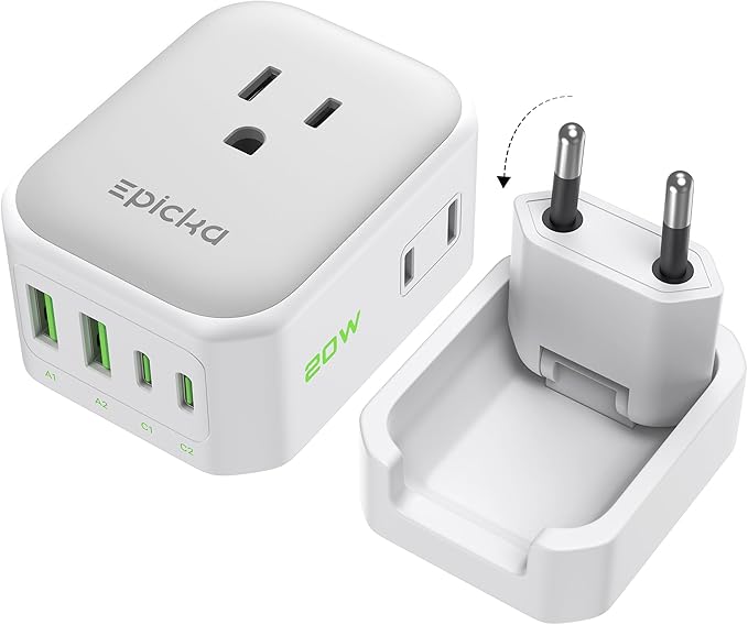 EPICKA Hybrid European Travel Plug Adapter, Foldable & Detachable Type C (EU) VisaPlug, 8-IN-1 International Power Adapter with 4 USB Ports (2 USB-C PD 20W) - Travel Essentials for US to Europe, White
