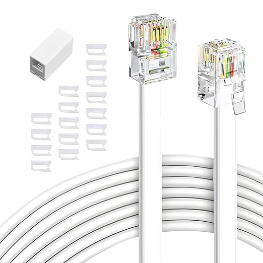Phone Extension Cord 15 Ft 2pcs, Telephone Cable with Standard RJ11 Plug and 2 in-Line Couplers and 40 Cable Clip Holders, White