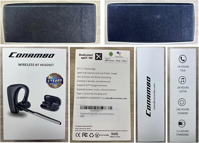 CONAMBO Bluetooth Headset V5.1, 16 Hrs HD Talktime CVC8.0 Dual Mic Noise Cancelling Hands Free Bluetooth Earpiece for Cell Phone iPhone Android Driving Business Office